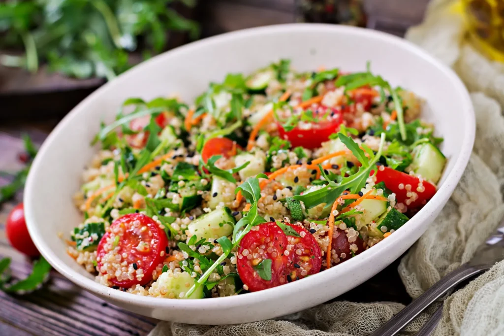 sostituire le proteine della carne con insalate con quinoa arugula pomodori ravanelli cucchiaio tavola di legno salute alimentare dieta detox vegetariana concept